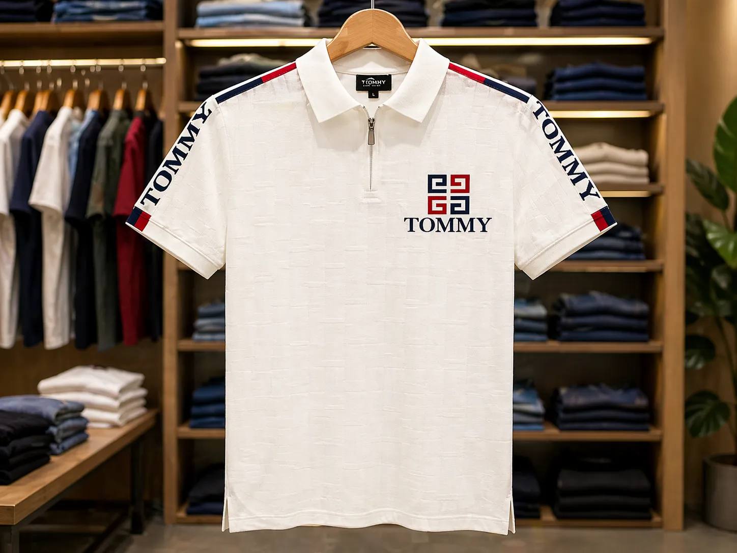 Men's White Graphic Printed Zip Polo Shirt